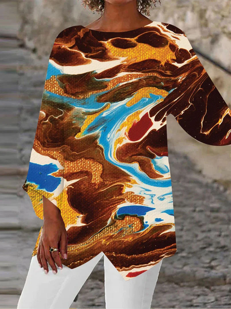 Women Asymmetrical 3/4 Sleeve Scoop Neck Colorblock Tie-dye Top