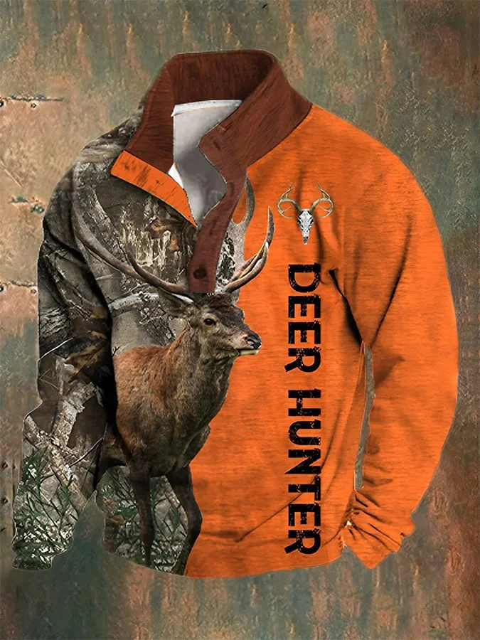 Men's Western Deer Hunting Print Stand Collar Button-Down Sweatshirt in Plush Fabric