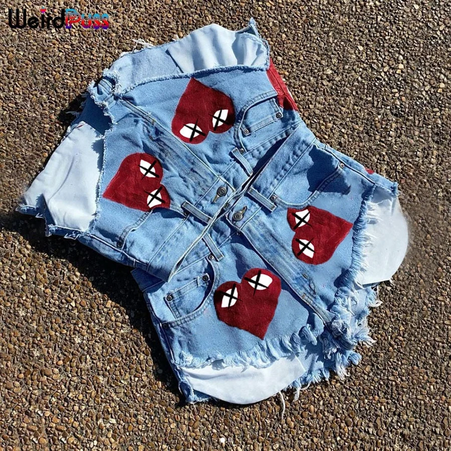 Weird Puss Sexy Heart Print Jean Shorts Women Casual Summer Fashion 2021 Streetwear Fur-Lined Leg-Openings Denim Booty Shorts