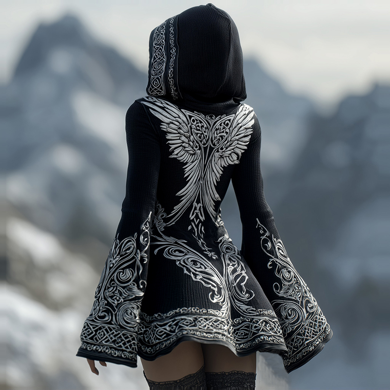 Women's Butterflies Wings Inspired Celtic Art Cozy Knit Mini Hooded Dress elevenforest