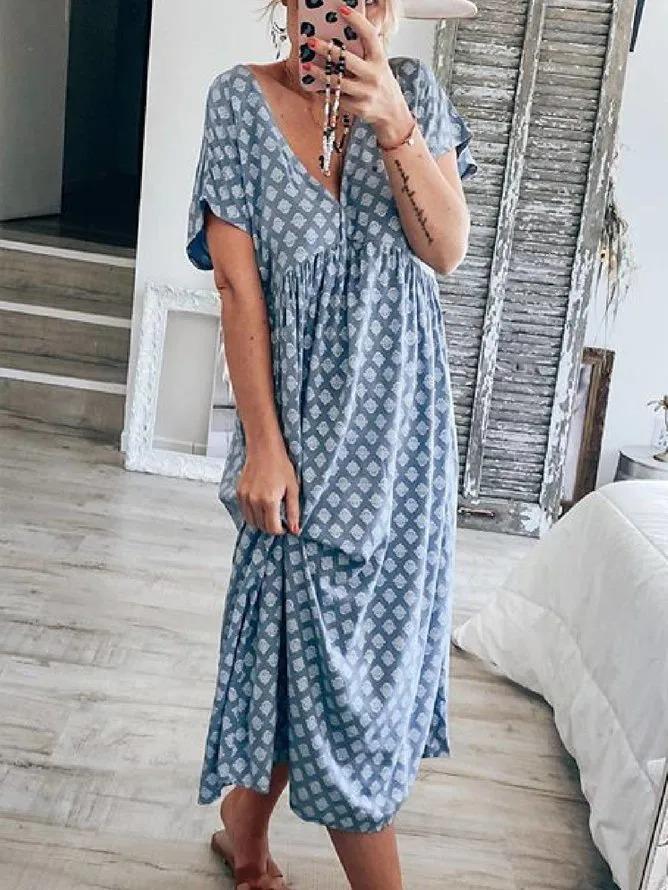 Blue Geometric Casual Floral-Print V Neck Dresses