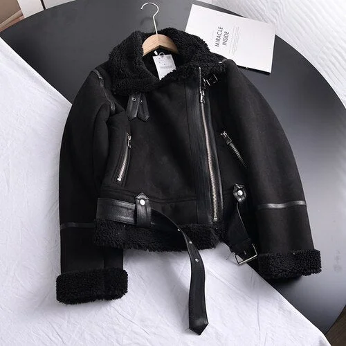 Ailegogo Winter Women Thick Warm Suede Lamb Jacket Short Motorcycle Brown Coats Faux Shearling Sheepskin Leather Jackets Outwear