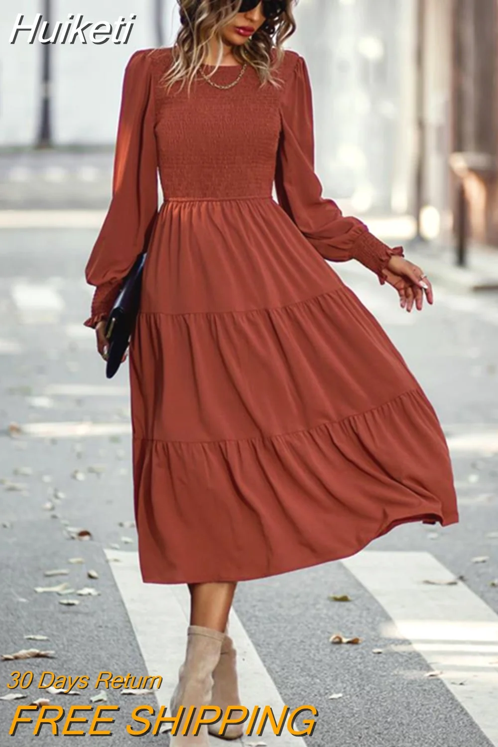 Huiketi 2023 New Women Spring Autumn O Neck Long Sleeve Solid Color Casual Vacation High Waist Midi Dress For Fashion