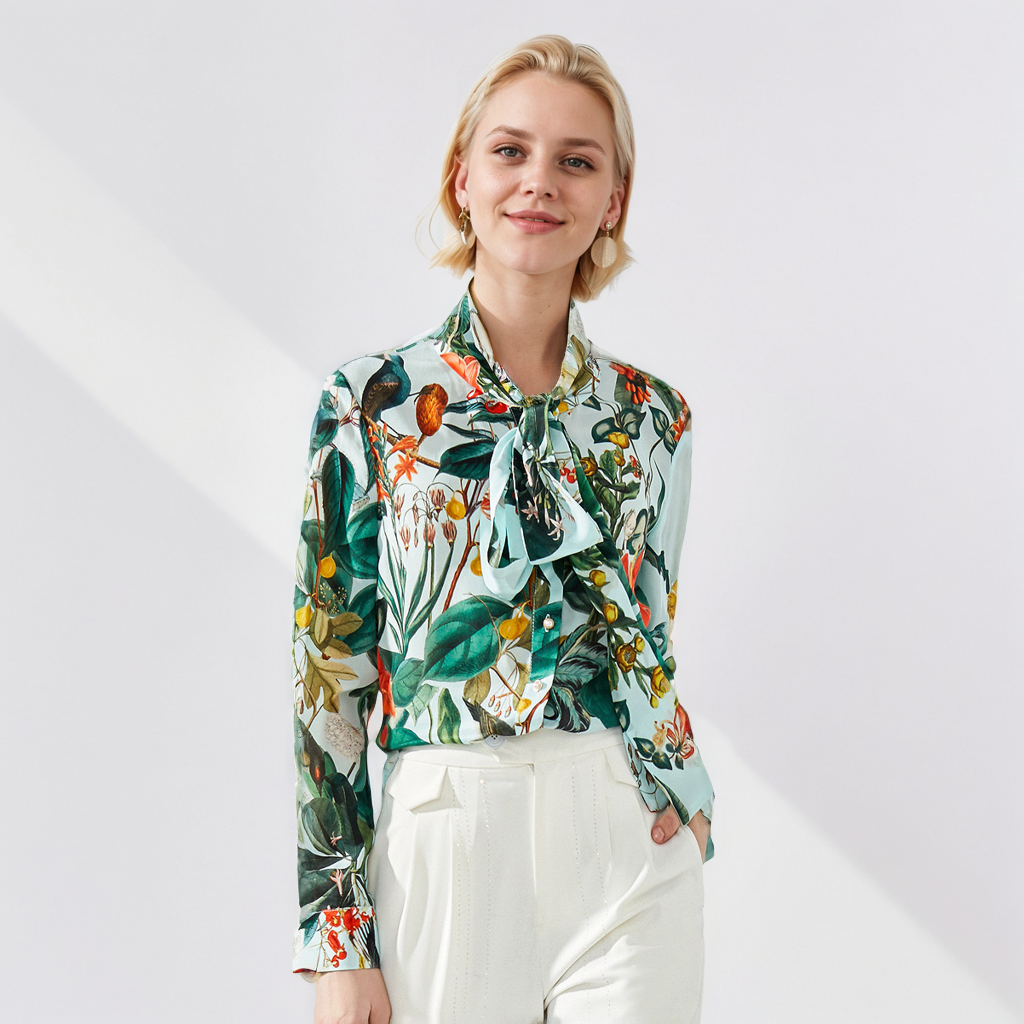 Vibrant Tropical-printed Silk Shirt with Sash-tied Neck for Workplace REAL SILK LIFE
