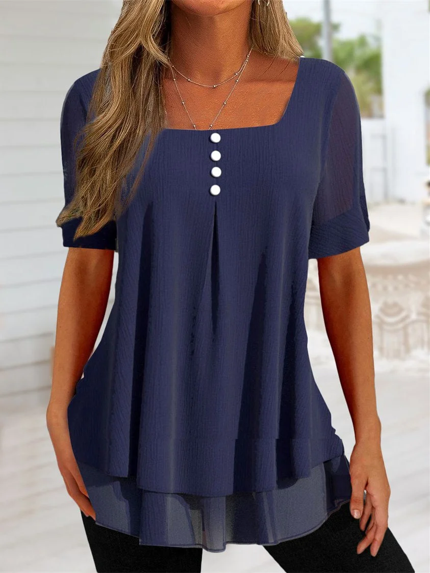 Women Short Sleeve U-neck Button Solid Top