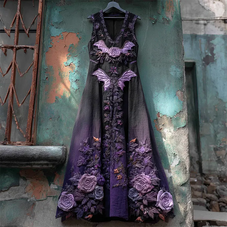 Halloween Bat & Dark Rose Women's Vest Midi Dress