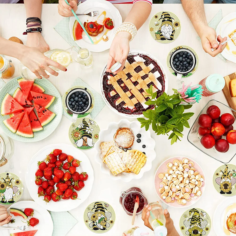 8pcs DIY Sunflower Gnome Round Diamond Painting Acrylic Coasters Kits for Adults Kids Beginner Gift Supplies