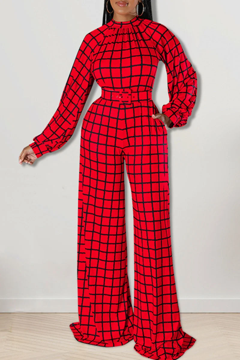 Red Casual Plaid Print Patchwork O Neck Straight Jumpsuits | EGEMISS