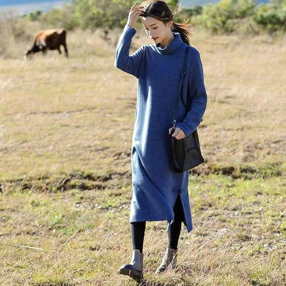 Fashion Blue And Red High Neck Maxi Sweater Dresses For Women