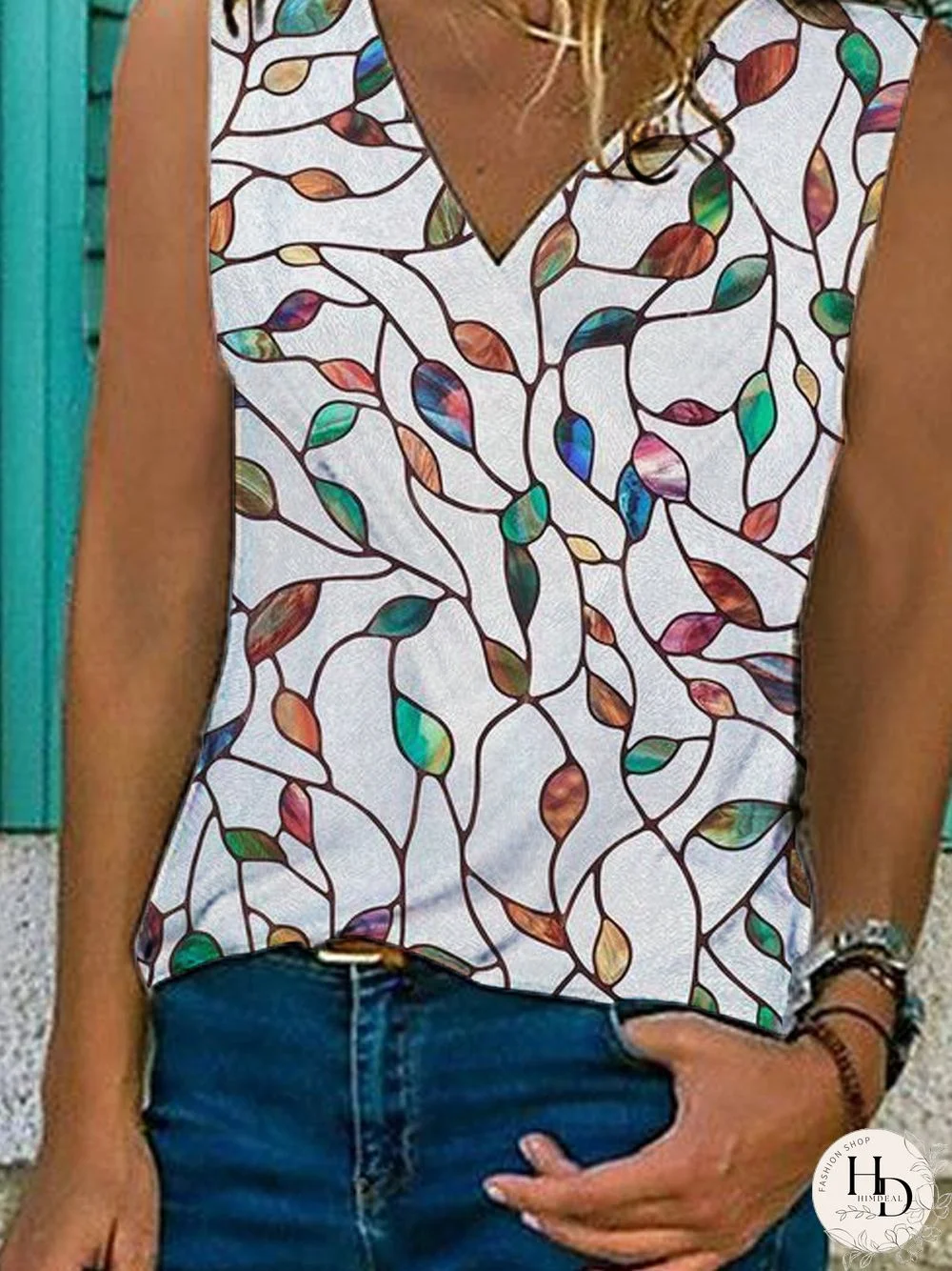 Leaves Sleeveless Printed Cotton-blend V neck Vintage Summer White Top