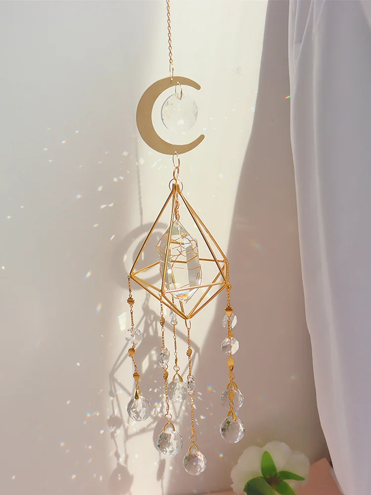 Metal Rainbow Collection Hanging Hexagon Moon Crystal Prisms Wind Chimes