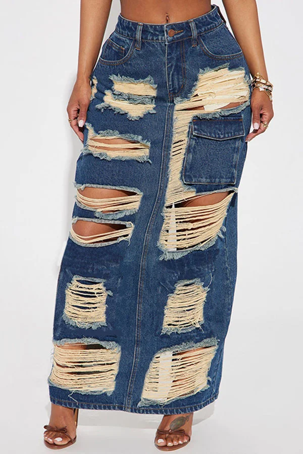 Ripped Hippy Pocket Washed Denim Skirt