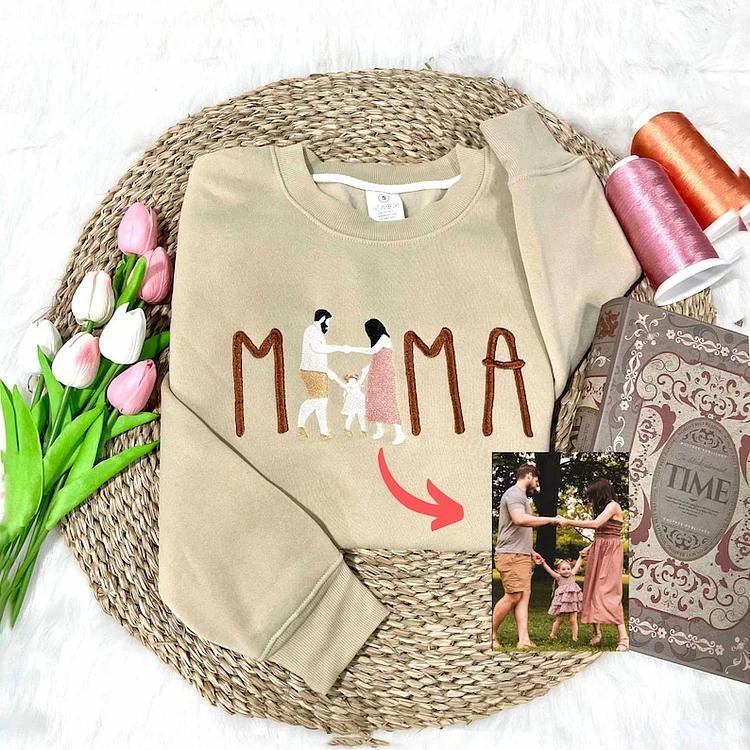 Custom Embroidered Sweatshirt Hoodie Mama and Kids Portrait with Photo - Mother's Day Gifts