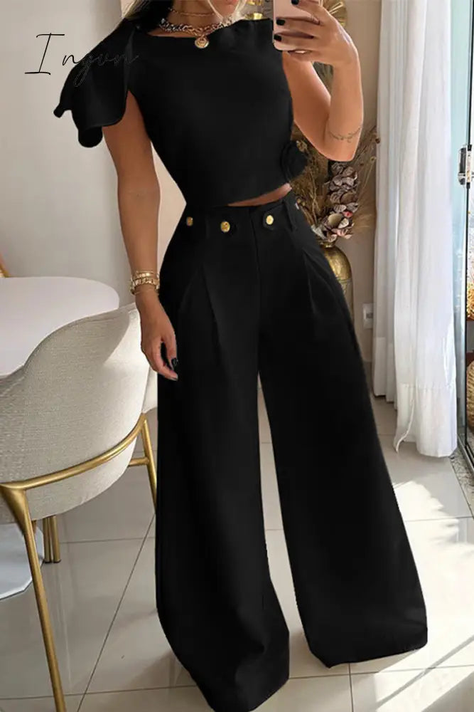 Ingvn - Celebrities Elegant Solid Buttons O Neck Short Sleeve Two Pieces Black / S Pieces/Two-Piece