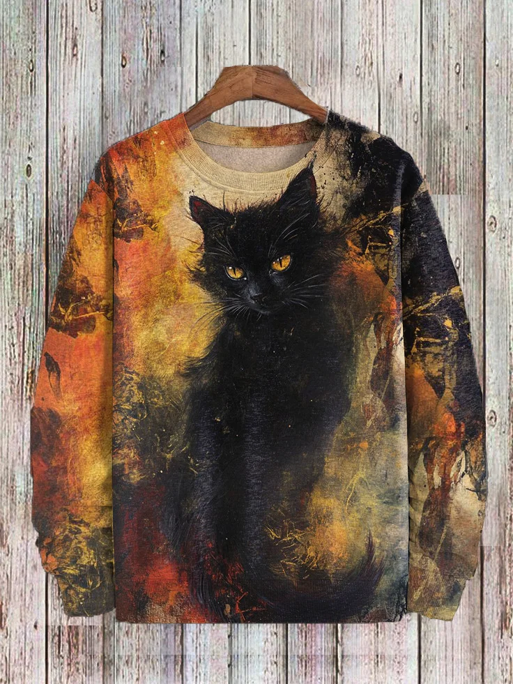 Men's Black Cat Vintage Art Print Casual Sweatshirt