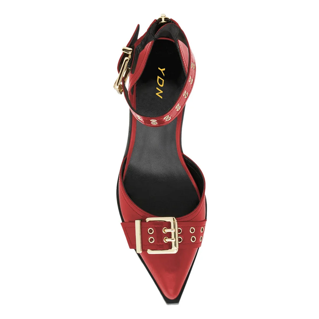Red Pointed Toe Grommet Strap Block Heel Buckle Pumps for Women