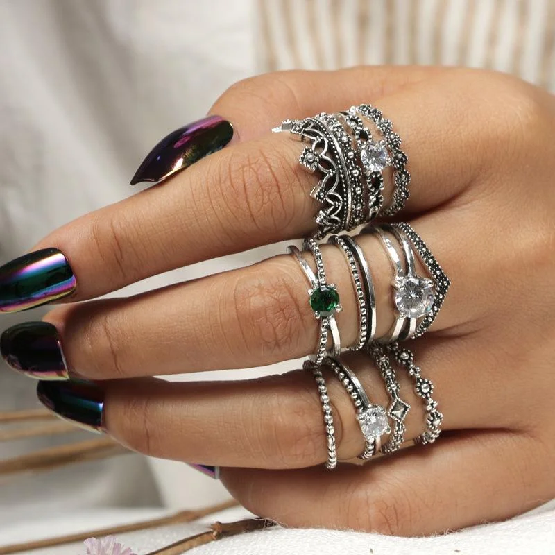 Women plus size clothing Wholesale Cheap Jewelry Simple Vintage Classic Bohemia Alloy 12 Pieces Crown diamond Rings-Nordswear