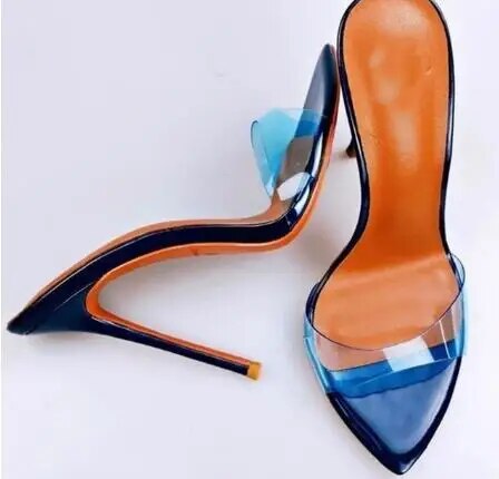 VCSHOES Black Blue Transparent Clear PVC Thin Heels Slippers Women Open Pointy Toe Party Slides Shoes Lady
