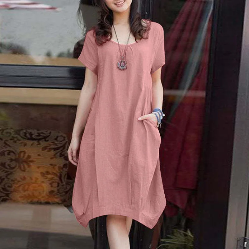 ⚡NEW SEASON⚡Solid Color Casual Pocket Cotton Linen Midi Dress