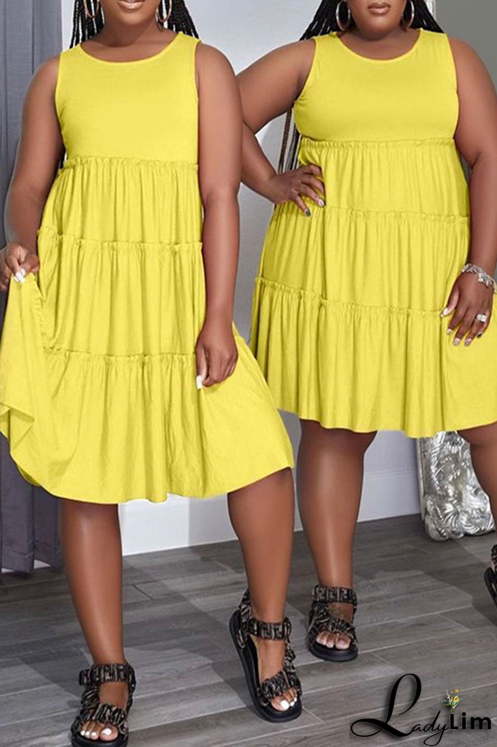 Yellow Casual Solid Patchwork Fold O Neck A Line Dresses