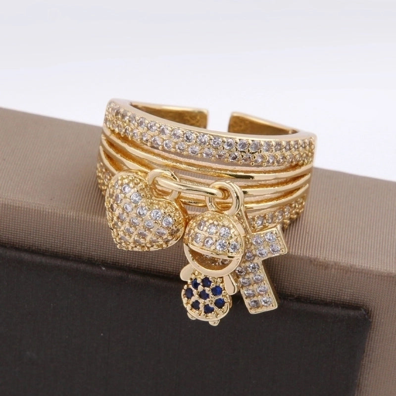 Copper 18K Gold Plated Cute Modern Style Plating Inlay Human Heart Shape Zircon Wide Band Rings Charm Rings Open Rings