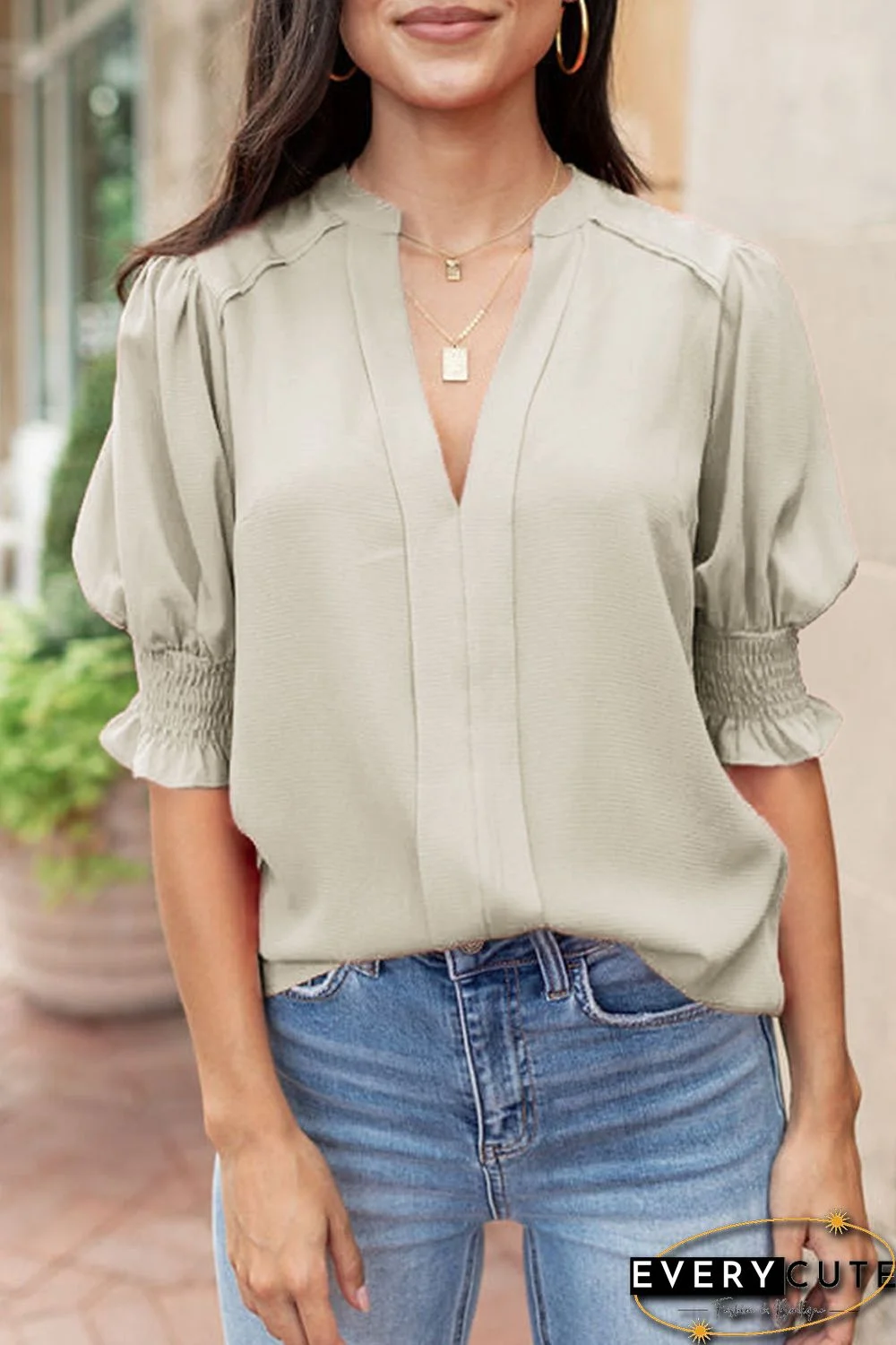 Apricot Solid Color Half Sleeve V Neck Blouse