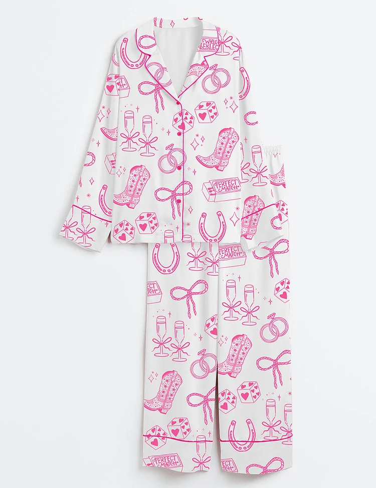 Women&rsquo;s Going To The Chapel Cowgirl Bride Coquette Bridal Bow Floral Wedding Long Sleeve Satin Pajama Set