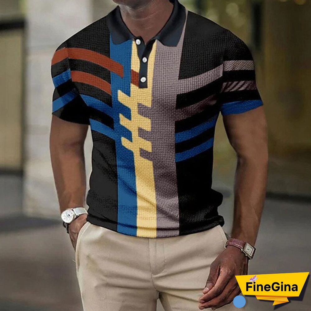Black khaki Men's Short Sleeves Striped Graphic 3D Print Button-Down Shirt