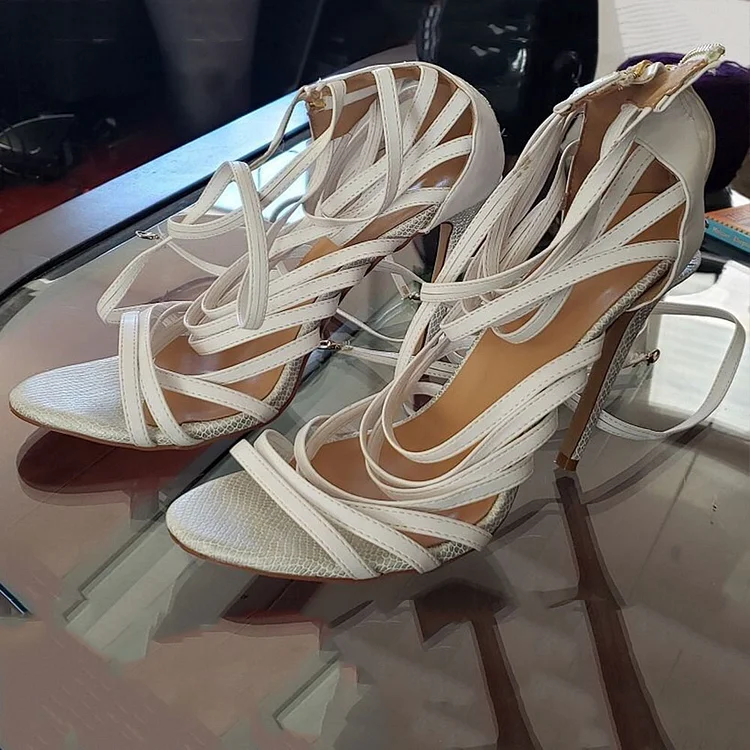 Custom Made White Snakeskin Strappy Sandals |FSJ Shoes