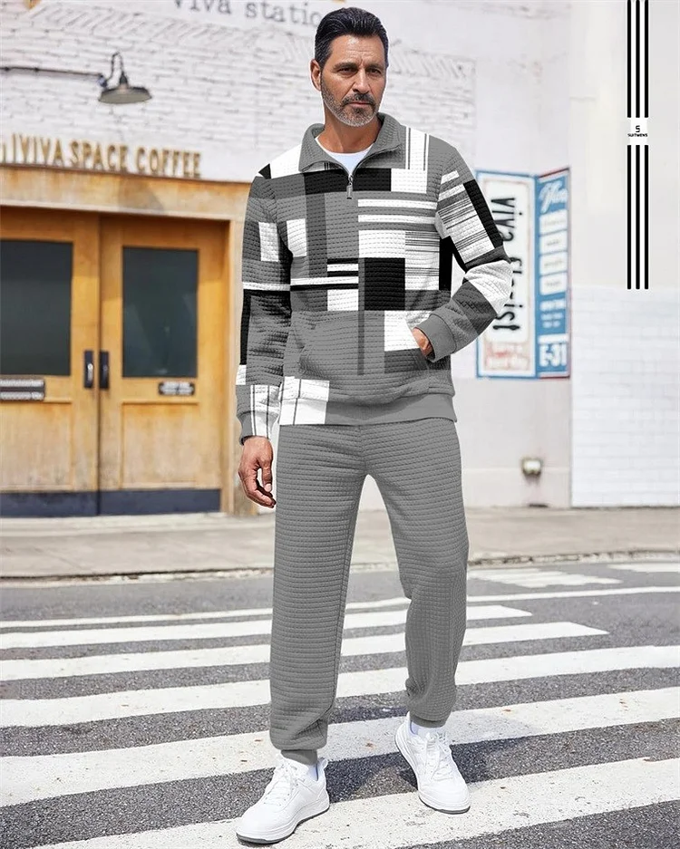 Men's Quarter Zipper Plaid Jacquard Jogging Set  025