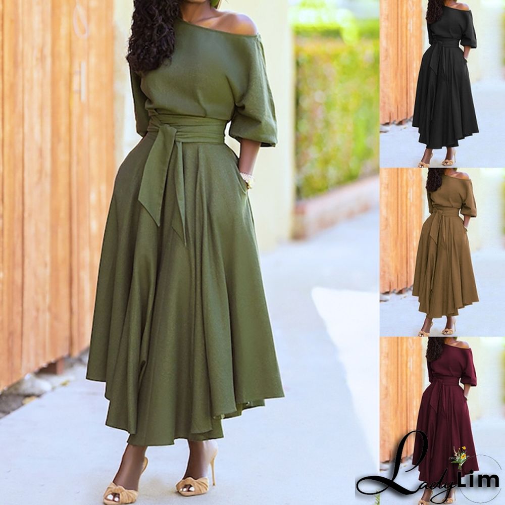 Spring Elegant Green Sloping Shoulder Half Sleeve With Belt Dress
