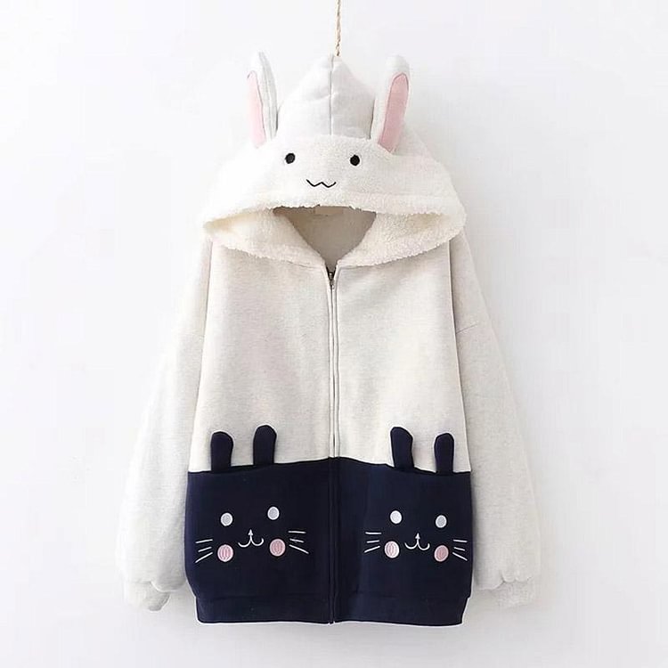 Cat Embroidery Pocket Ears Winter Hooded Coat Inner Fleece - Modakawa Modakawa