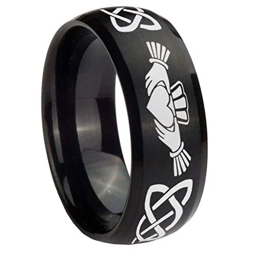 Men or Women Black Tungsten Ring With White Laser Irish Claddagh Tungsten Carbide Embrace Love Heart Wedding Band Rings,Tungsten Black Ring with White Laser Etched Celtic Kno with Heart in Hands Ring With Mens And Womens