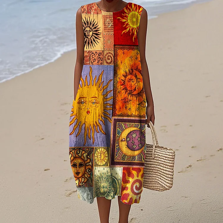 Litha Midsummer Sun Boho Patchwork Flowy Linen Midi Dress