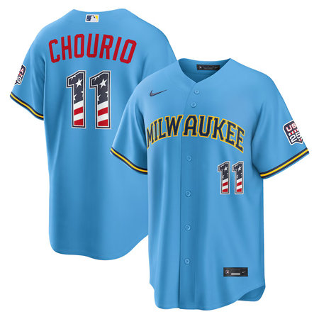 Youth Milwaukee Brewers #11 Jackson Chourio Nike Light Blue USA 250 Fourth of July Road Stadium Jersey