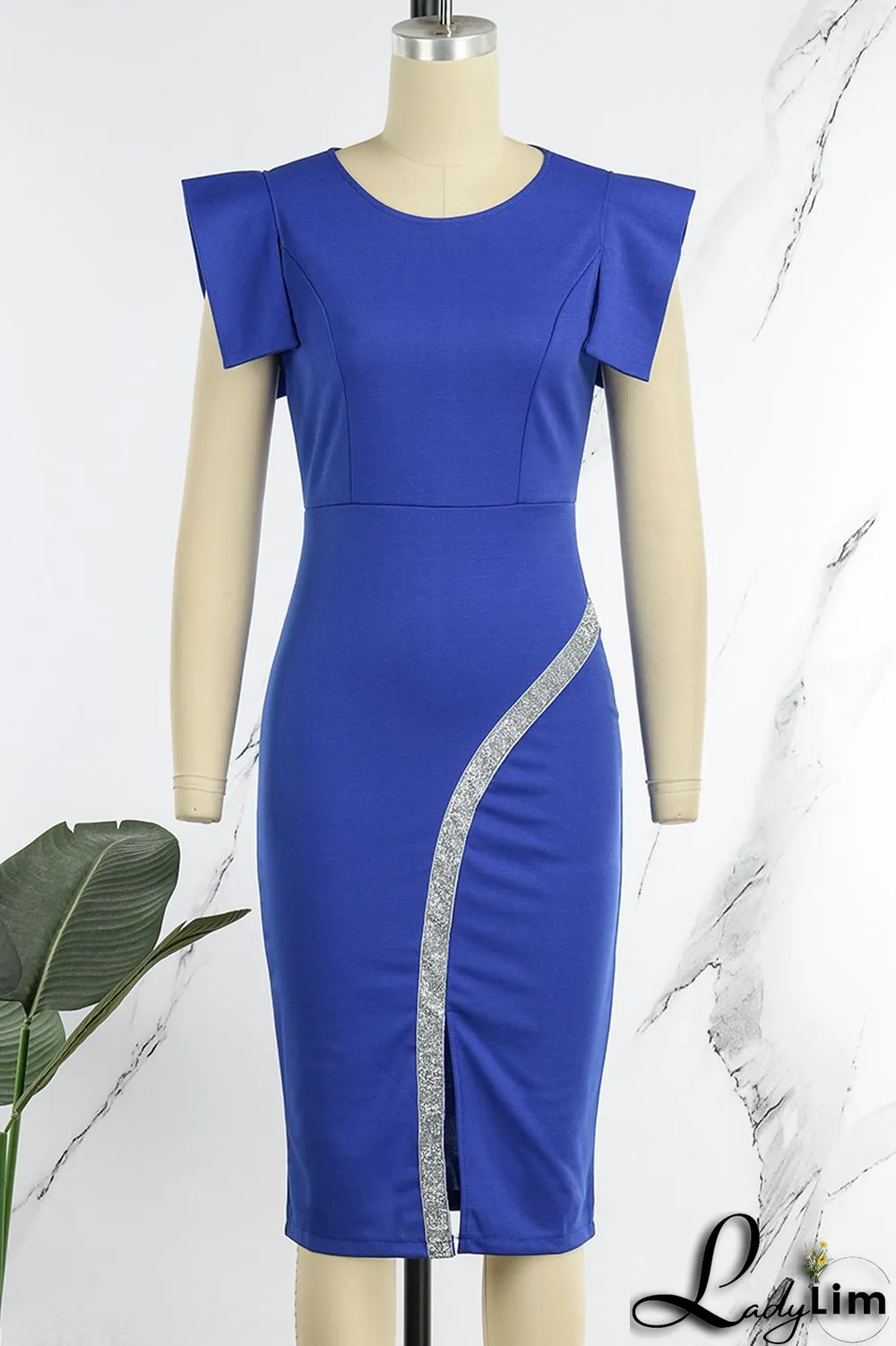 Royal Blue Casual Solid Patchwork Slit O Neck Pencil Skirt Dresses