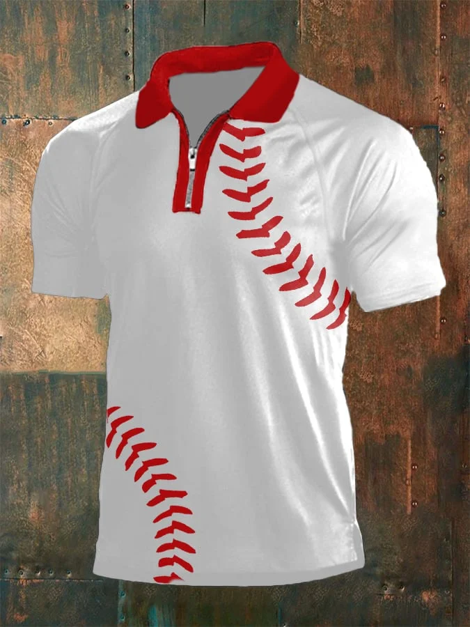 Baseball Men's Print Short Sleeve Raglan Zip Polo socialshop