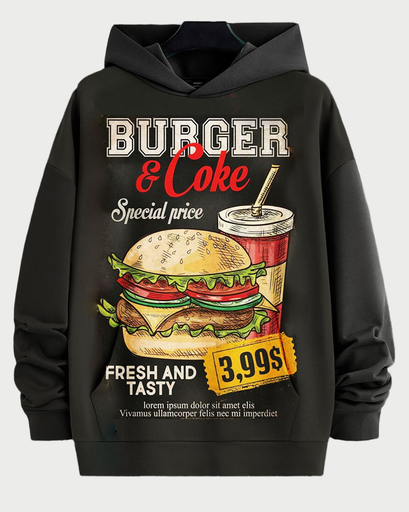 Men's Casual Retro Burger Print Plus Size Hoodie Suit