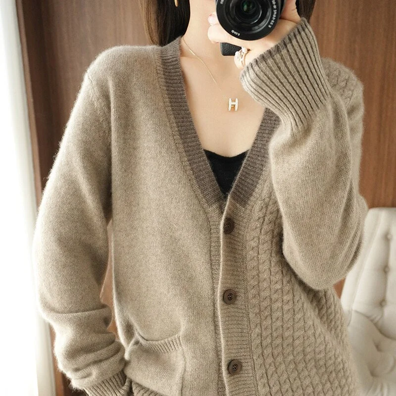 100% Cashmere V-neck sweater Autumn/Winter 2023 Women's  Collar Cardigan Casual Knit Tops Korean Plus Size Female Jacket