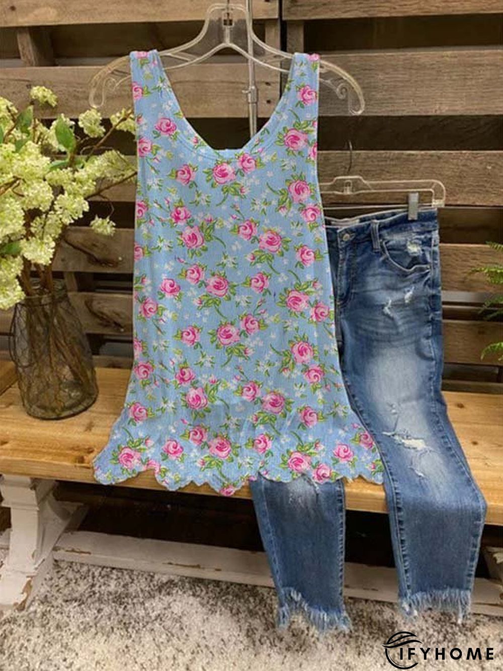 Crew Neck Floral-Print Casual Shirts & Tops | IFYHOME