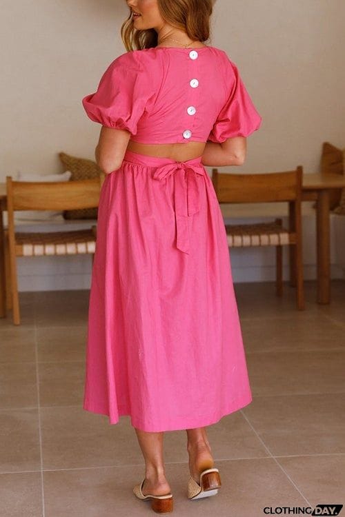 Cut Out Waist V Neck Puff Sleeve Dress