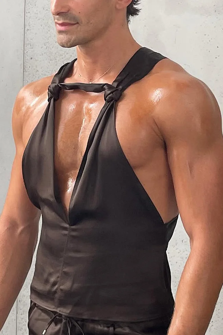 Men's Knotted Deep V Neck Slim Fit Black Tank Top [Pre-Order]
