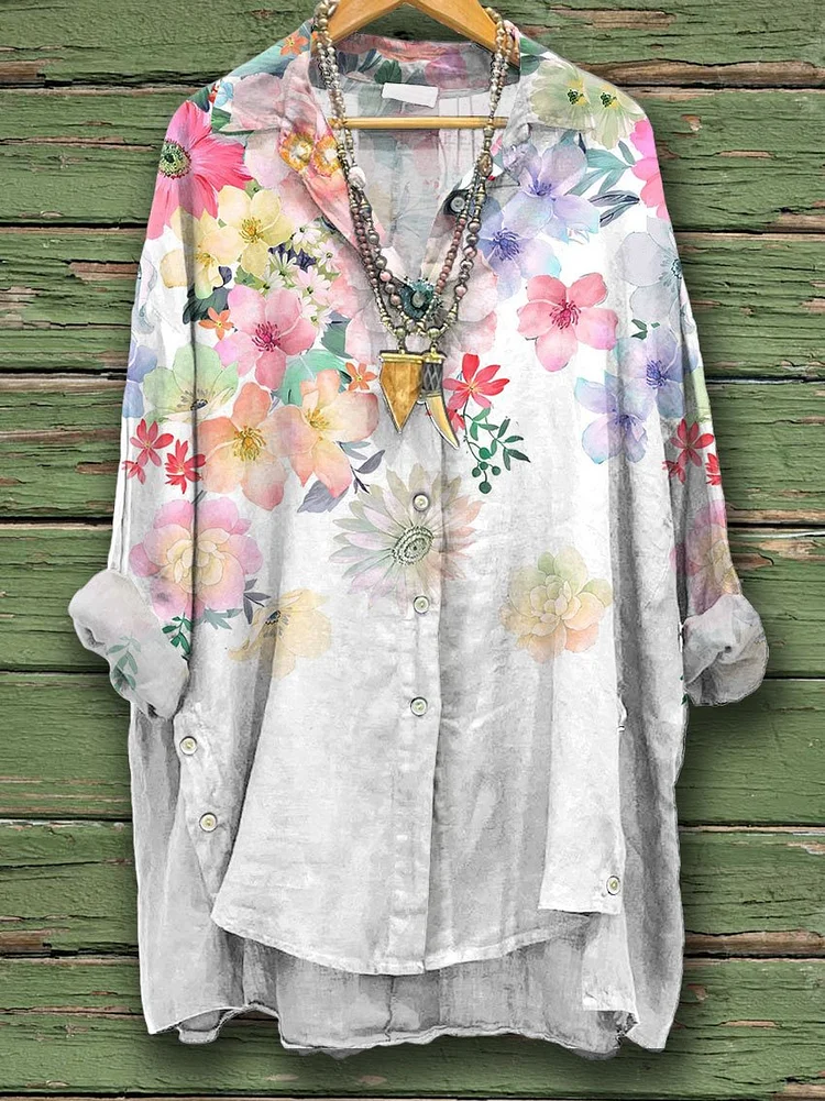 Women's Flower Print Casual Cotton And Linen Shirt