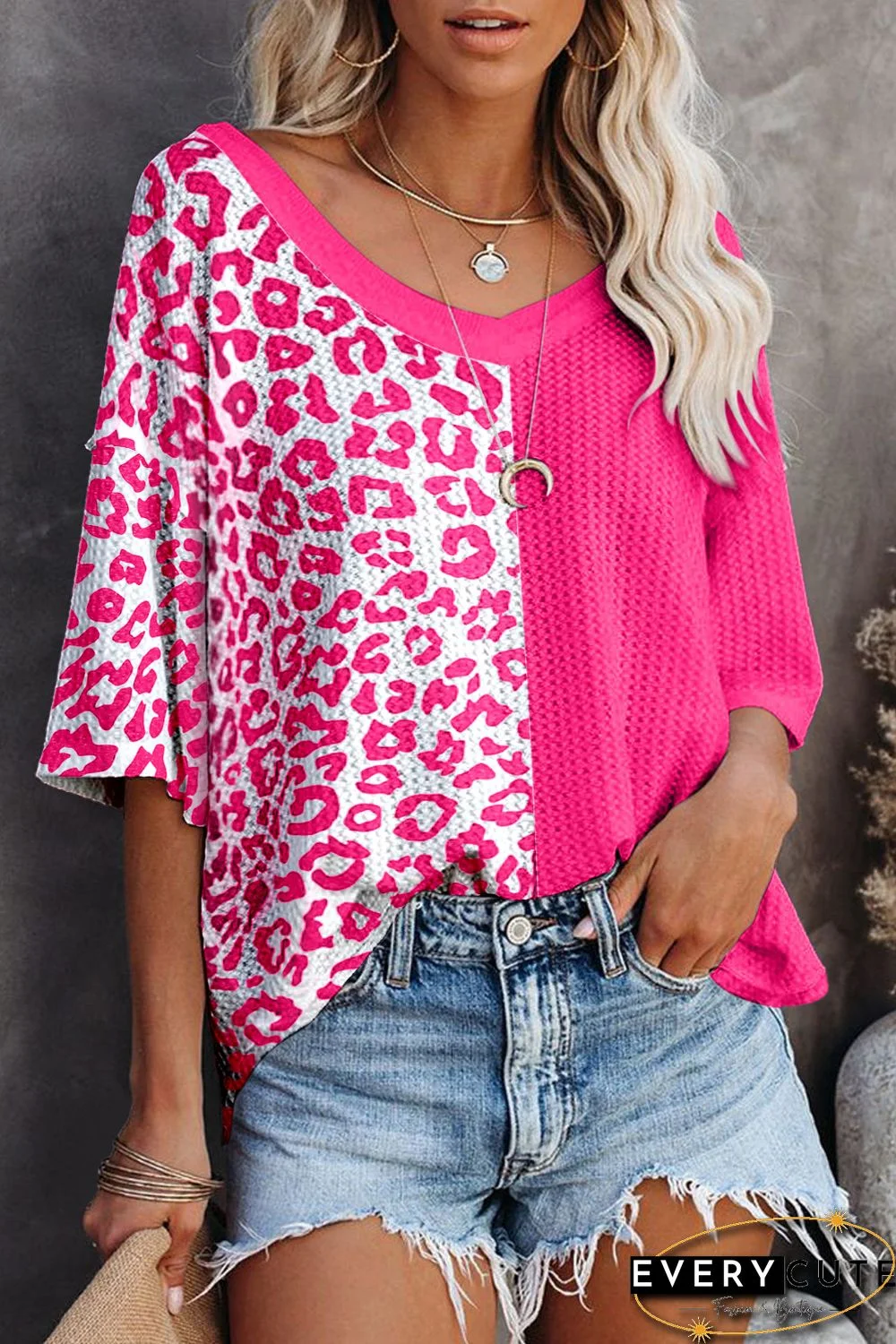 Rose Waffle Knit Leopard Solid Contrasting Blouse