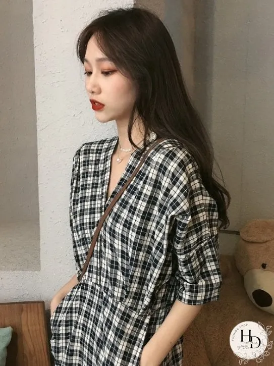 Checked linen cotton dress for Women