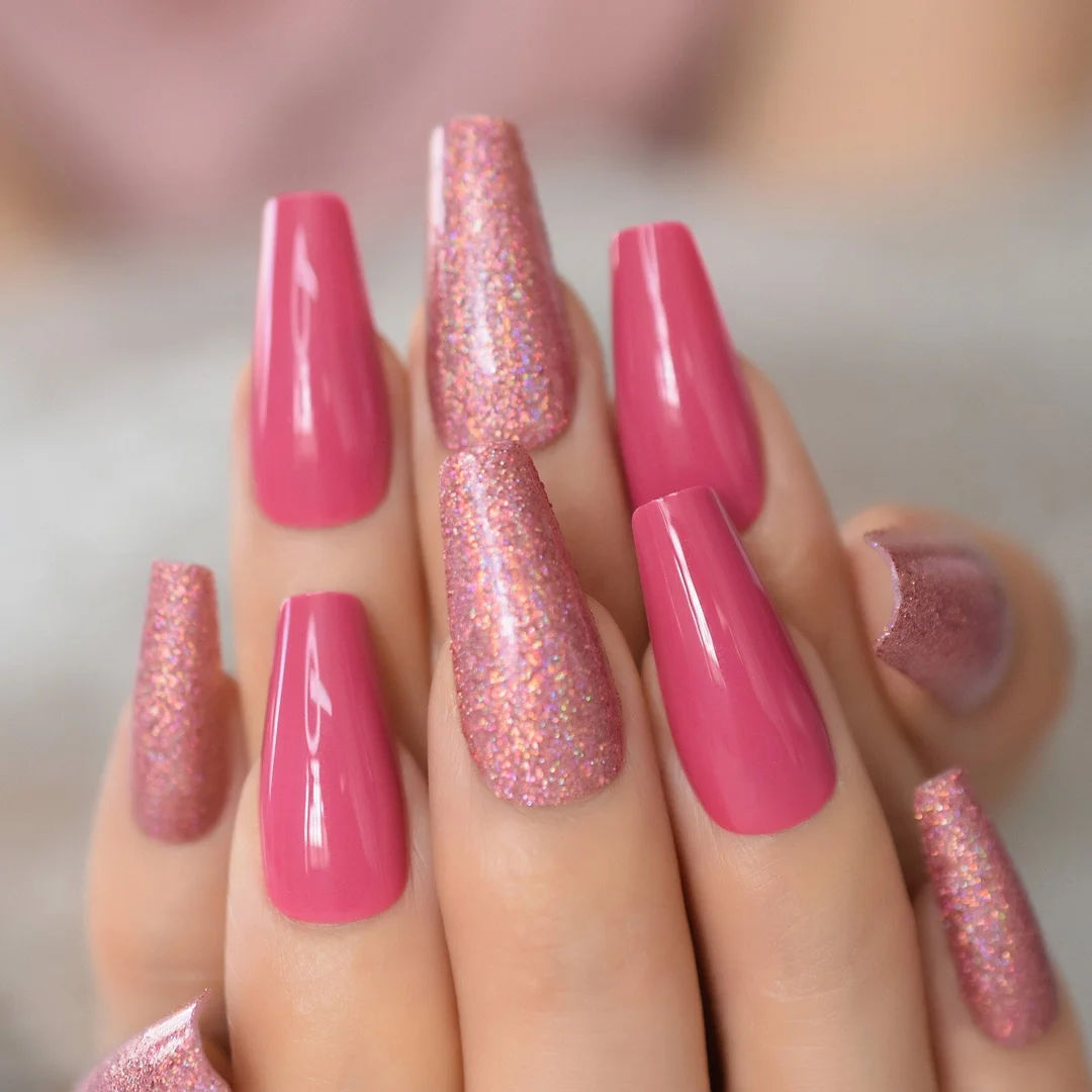 48 PCS 2*24pcs Mixed Set Extra Long Nail Art Fake Nails Tips Full Cover Fashion Nail Foil Coffin Charming Black Golden Glitter-Nail Inspo