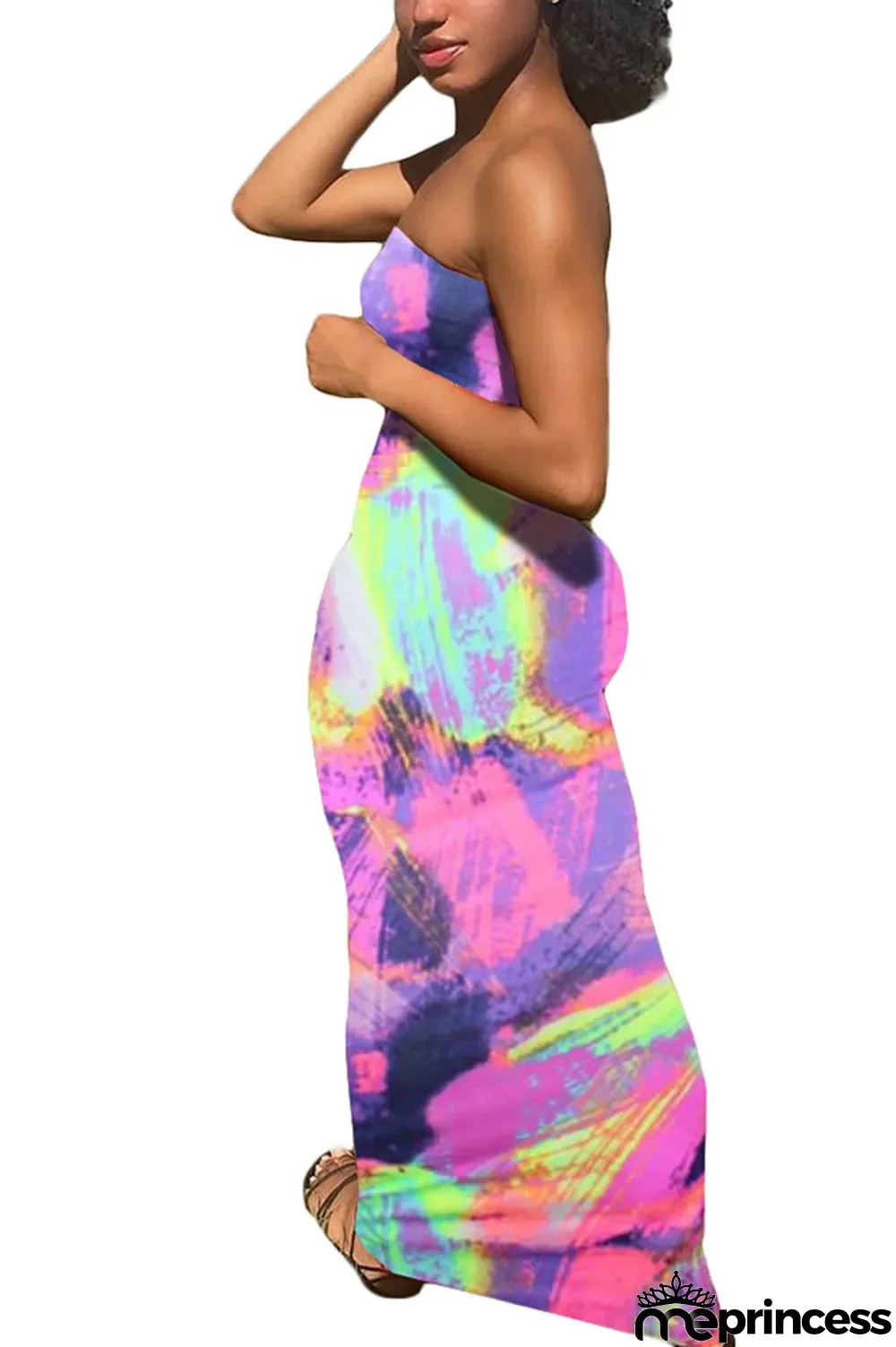 rose red Sexy Print Tie-dye Backless Strapless Pencil Skirt Dresses