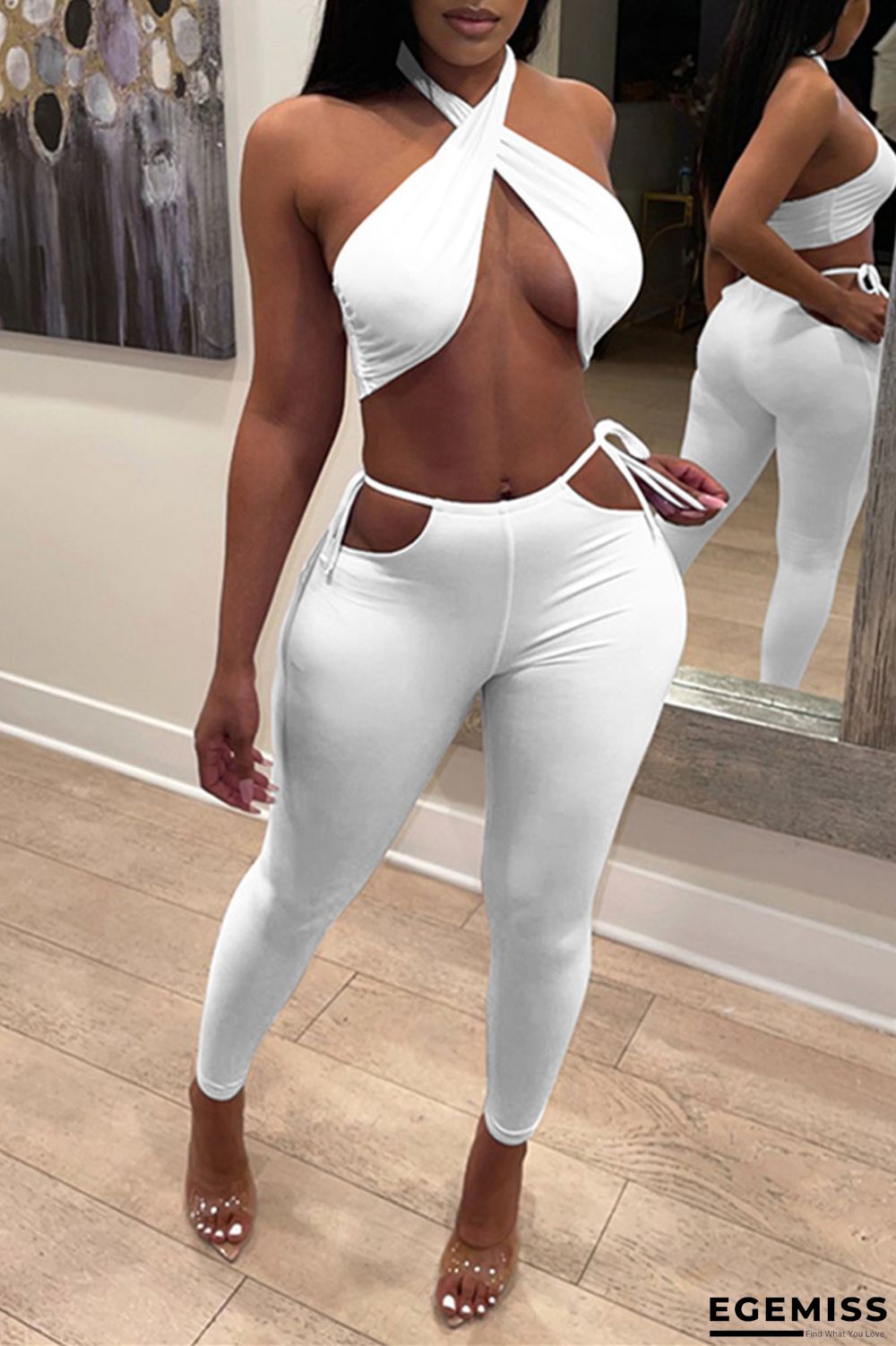 White Fashion Sexy Solid Backless Halter Sleeveless Two Pieces | EGEMISS