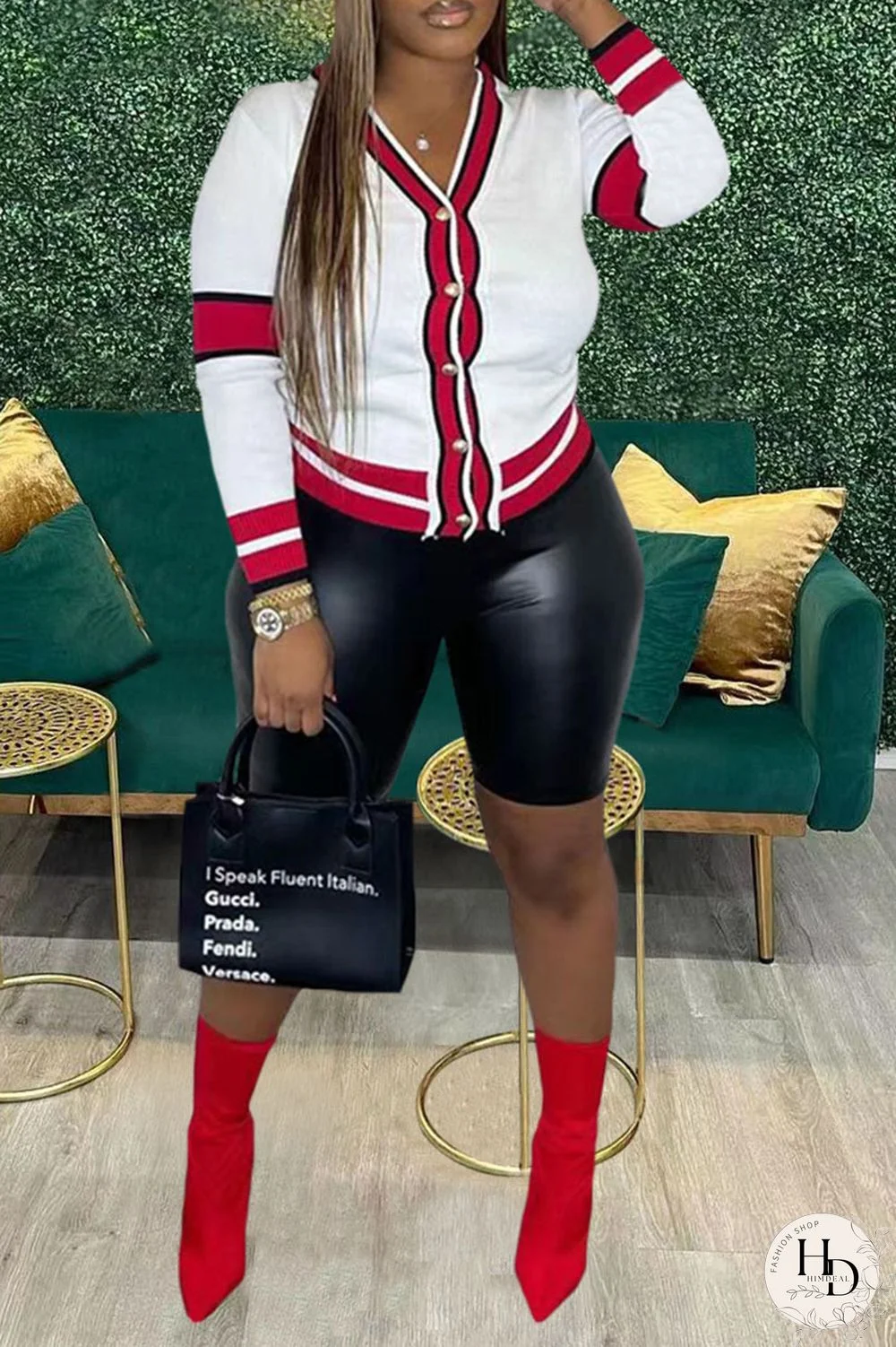 Red Casual Print Patchwork Buttons Tops