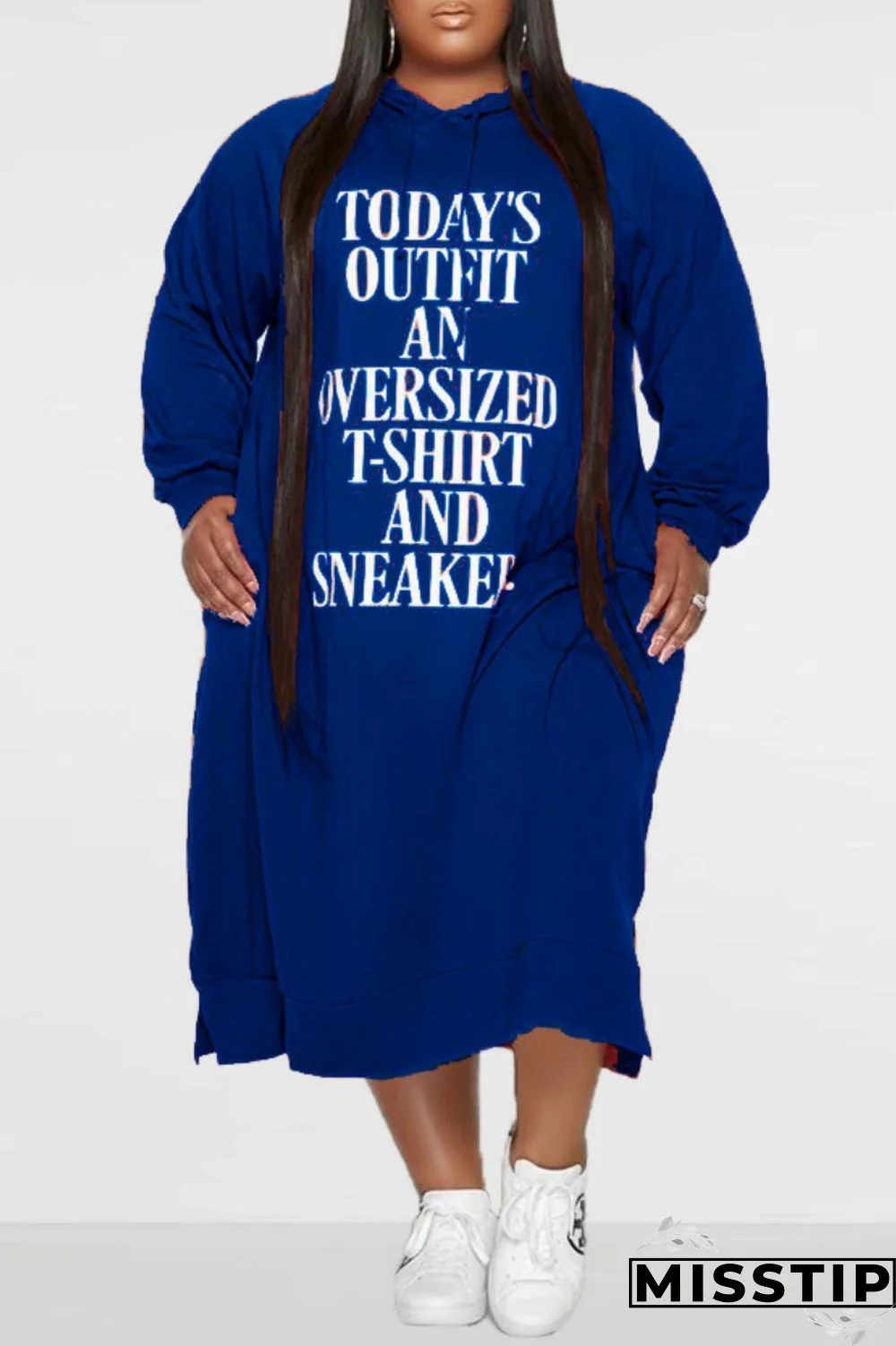 Tangerine Red Fashion Casual Letter Print Basic Hooded Collar Long Sleeve Plus Size Dresses